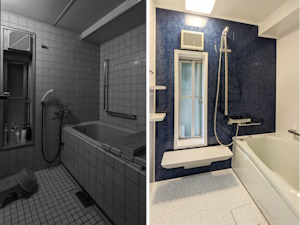 ◎ブルーのアクセントとミントカラーの浴槽で爽やかな浴室