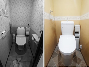◎床のナチュラルタイル柄とトリムボーダーが印象的なトイレ