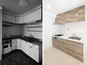 ◎柔らかな色味とダウンライトが明るいキッチン