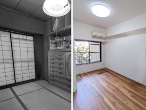 ◎ラスティックペカンの表情豊か。温もりあふれる床でくつろぎの洋室へ